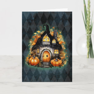 Halloween Gothic Fall Fairy Cottage Blue Argyle Card