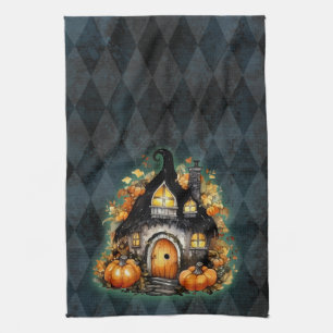 Halloween Gothic Fall Fairy Cottage Blue Argyle Tea Towel