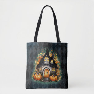 Halloween Gothic Fall Fairy Cottage Blue Argyle Tote Bag