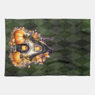 Halloween Gothic Fall Fairy Cottage Green Argyle Tea Towel