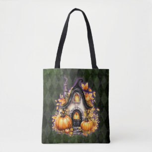 Halloween Gothic Fall Fairy Cottage Green Argyle Tote Bag
