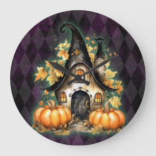 Halloween Gothic Fall Fairy Cottage Purple Argyle Large Clock