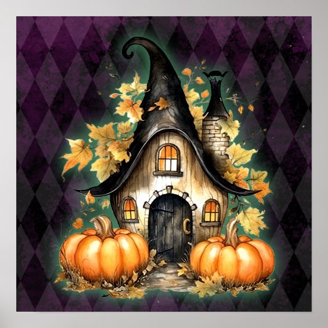 Halloween Gothic Fall Fairy Cottage Purple Argyle  Poster (Front)