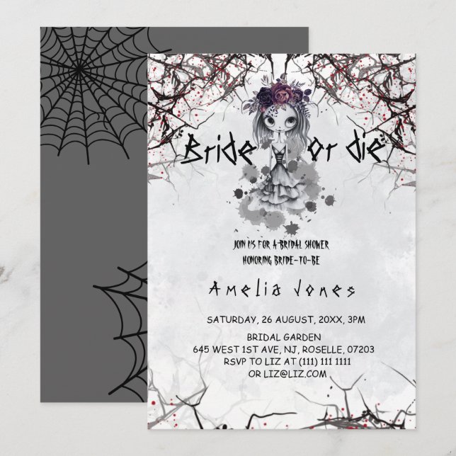 Halloween Gothic Floral Cute Girl Bridal Shower  Invitation (Front/Back)