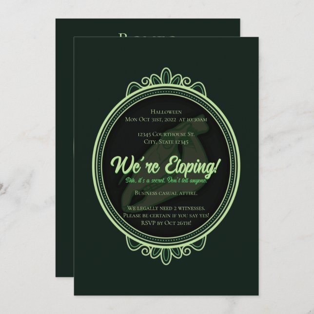 Halloween Gothic Green Horse Skull Elopement Invitation (Front/Back)