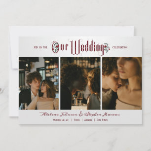 Halloween Gothic Script Red Roses 3 Photo Wedding Invitation