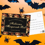 Halloween Gothic Skull Black Red Party Invitation Postcard<br><div class="desc">This gothic Halloween party postcard invitation features a pattern of creepy skulls floating in a black abyss behind your masquerade invite. Each spooky skull is adorned with red roses. Their empty soulless eyes are contrasted sharply against the goth rose crown and bouquets of dead flowers.</div>