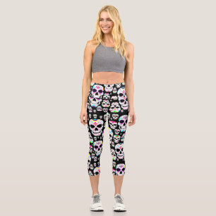 halloween gothic sugar skulls black capri leggings