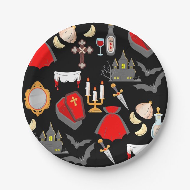halloween gothic vampire garlic holy water fangs paper plate (Front)