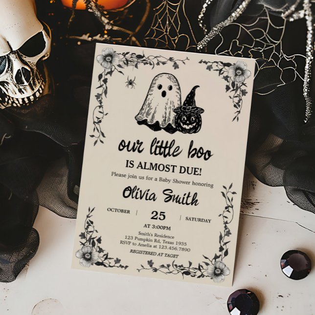 Halloween Gothic Vintage Baby Shower Invitation (Black Floral Gothic Little Boo Baby Shower Invitation)