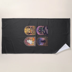 Halloween Gothic Window Ghost Pumpkin Black Cat Ha Beach Towel