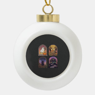 Halloween Gothic Window Ghost Pumpkin Black Cat Ha Ceramic Ball Christmas Ornament