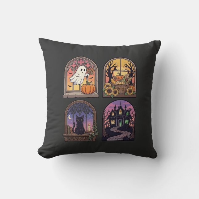 Halloween Gothic Window Ghost Pumpkin Black Cat Ha Cushion (Front)