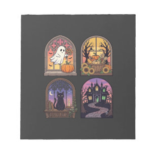 Halloween Gothic Window Ghost Pumpkin Black Cat Ha Notepad