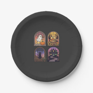 Halloween Gothic Window Ghost Pumpkin Black Cat Ha Paper Plate