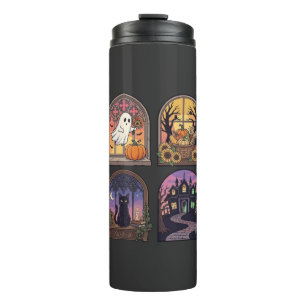 Halloween Gothic Window Ghost Pumpkin Black Cat Ha Thermal Tumbler