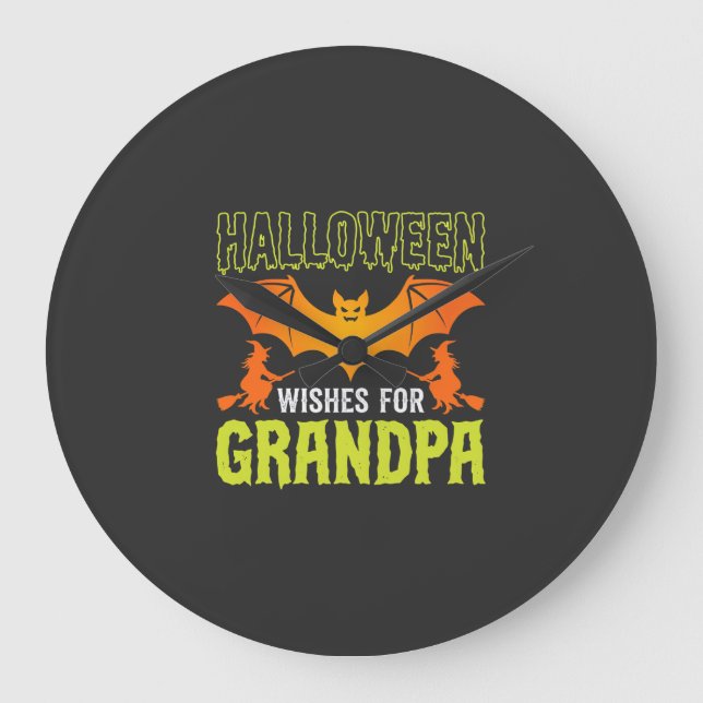 Halloween Grandpa Bat Witch Wishes Large Clock (Front)