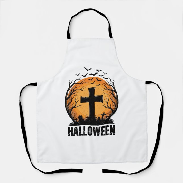 Halloween Graveyard Bats Vintage Moon Shirt Design Apron (Front)