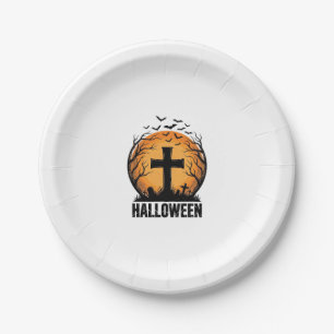 Halloween Graveyard Bats Vintage Moon Shirt Design Paper Plate