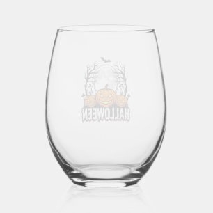 Halloween Graveyard Pumpkin Vintage Engraving Desi Stemless Wine Glass