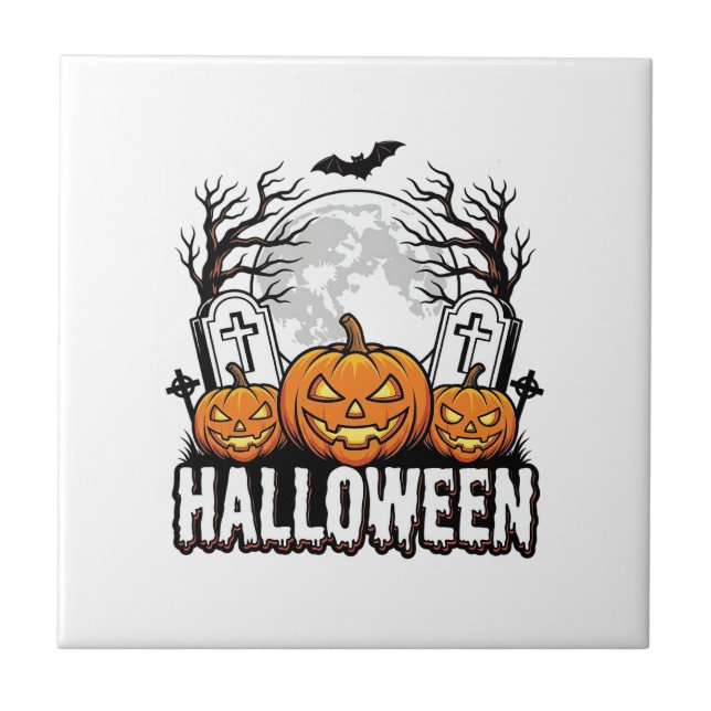Halloween Graveyard Pumpkin Vintage Engraving Desi Tile (Front)