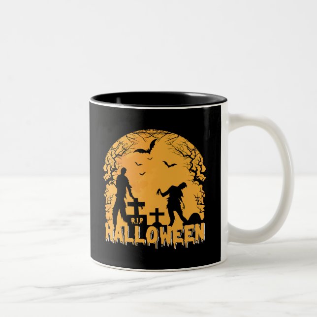 Halloween Graveyard Scene with Zombies, Bats  Two-Tone Coffee Mug (Right)