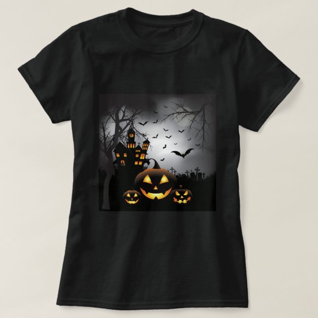 Halloween graveyard scenes pumpkin haunted house T-Shirt (Design Front)