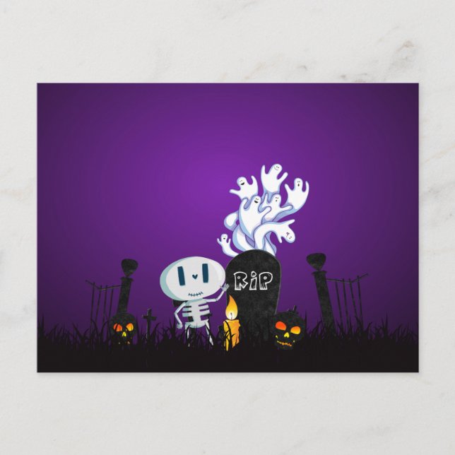 Halloween Graveyard Spooky Cute Skelton And Ghosts Postcard (Front)