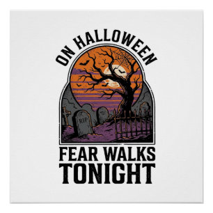 Halloween Graveyard Sunset Vintage Spooky Tree Art Poster