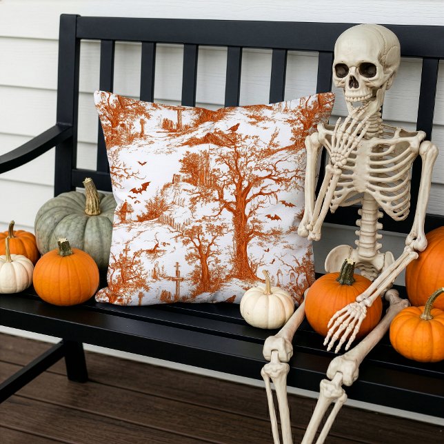 Halloween Graveyard Toile de Jouy Pattern Rust Cushion (Creator Uploaded)