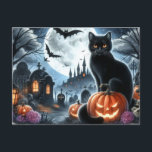 Halloween Graveyard with Black Cat Postcard<br><div class="desc">This postcard features a spooky scene of a black cat sitting on a jack-o'-lantern in front of a graveyard and full moon. This Halloween postcard is the perfect way to send chills to all your friends and family this October. So, whether you plan to celebrate the holiday or just need...</div>