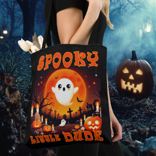 Halloween graveyard with cute Ghost and giant moon Tote Bag