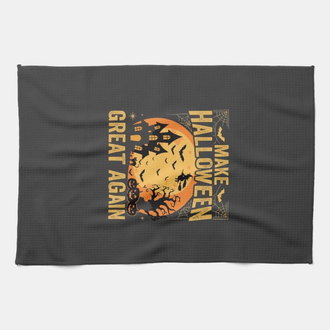 Halloween Great Again Haunted House Pumpkin Tea Towel (Horizontal)