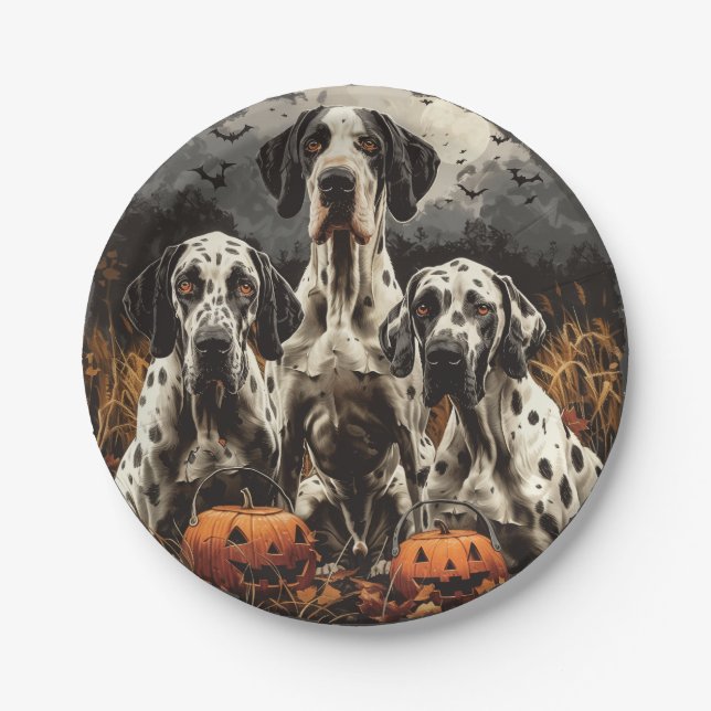 Halloween Great Dane Dogs Jack O Lantern Paper Plate (Front)