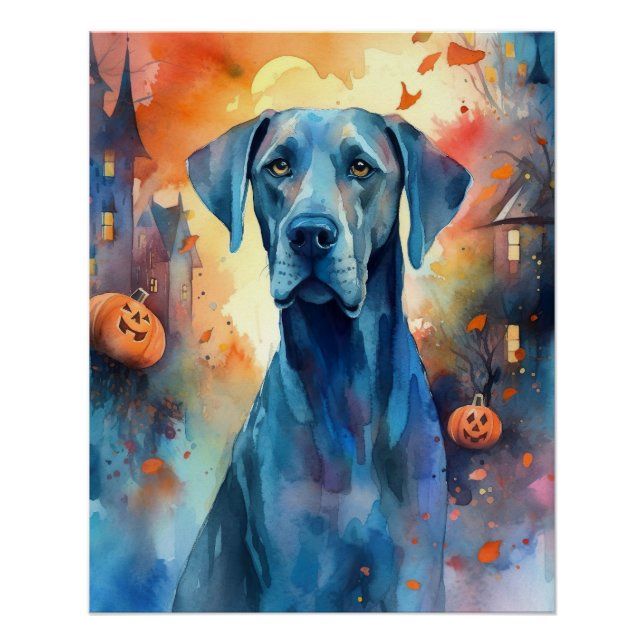 Halloween Great Dane With Pumpkins Scary Poster (Front)