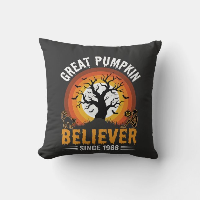 Halloween Great Pumpkin Believer Retro Skeleton Cushion (Front)