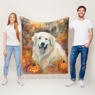 Halloween Great Pyrenees With Pumpkins Scary Fleece Blanket
