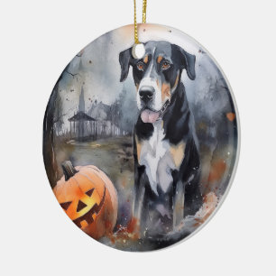 Halloween Greater Swiss With Pumpkins Scary Ceramic Tree Decoration