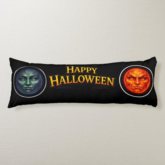 Halloween green and orange moon faces Gothic fanta Body Cushion (Front)