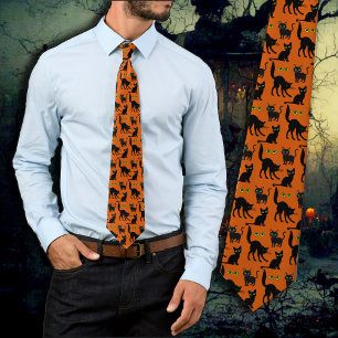 Halloween Green Eyed Cats Orange Tie