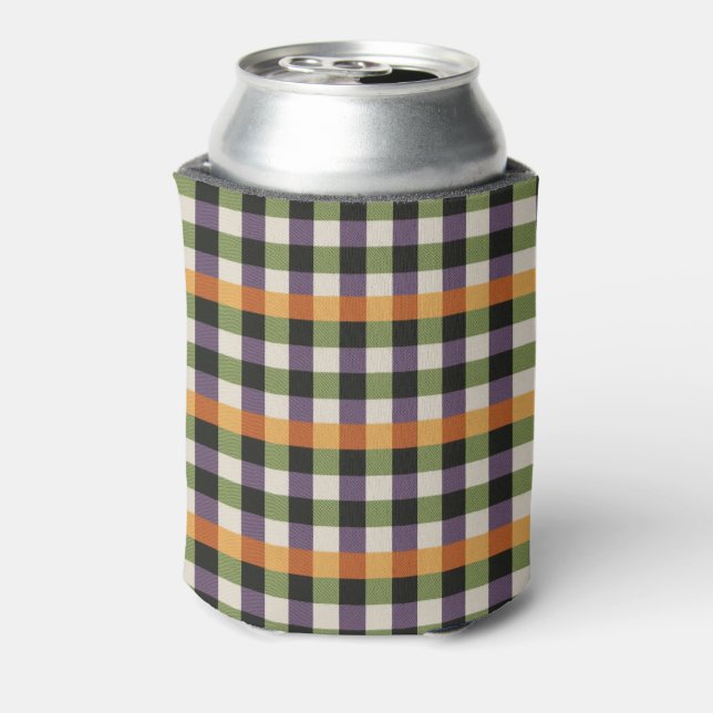 Halloween green, purple & black gingham pattern can cooler (Can Back)