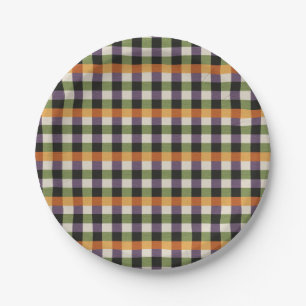 Halloween green, purple & black gingham pattern paper plate