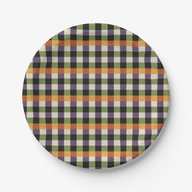 Halloween green, purple & black gingham pattern paper plate (Front)