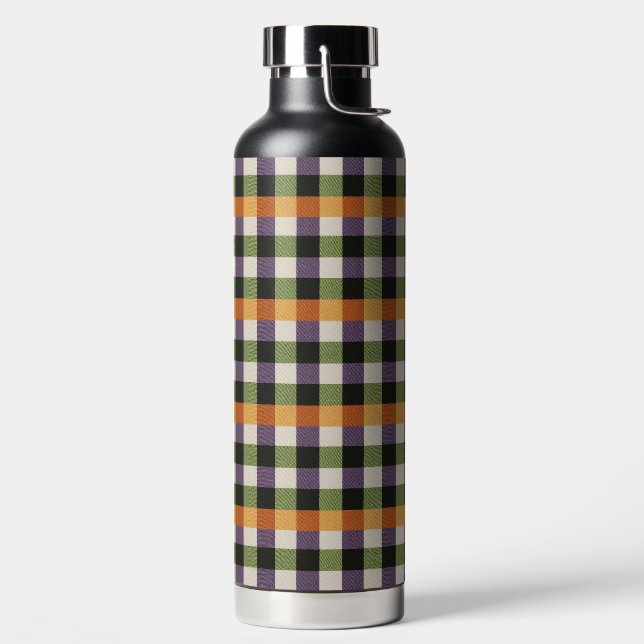 Halloween green, purple & black gingham pattern water bottle (Left)