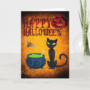 Halloween Greeting Card/Pumpkin, Black Cat, Bats Card