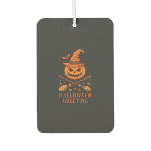 Halloween Greeting Pumpkin Witch Hat Crossed Broom Car Air Freshener