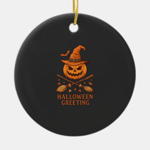 Halloween Greeting Pumpkin Witch Hat Crossed Broom Ceramic Tree Decoration