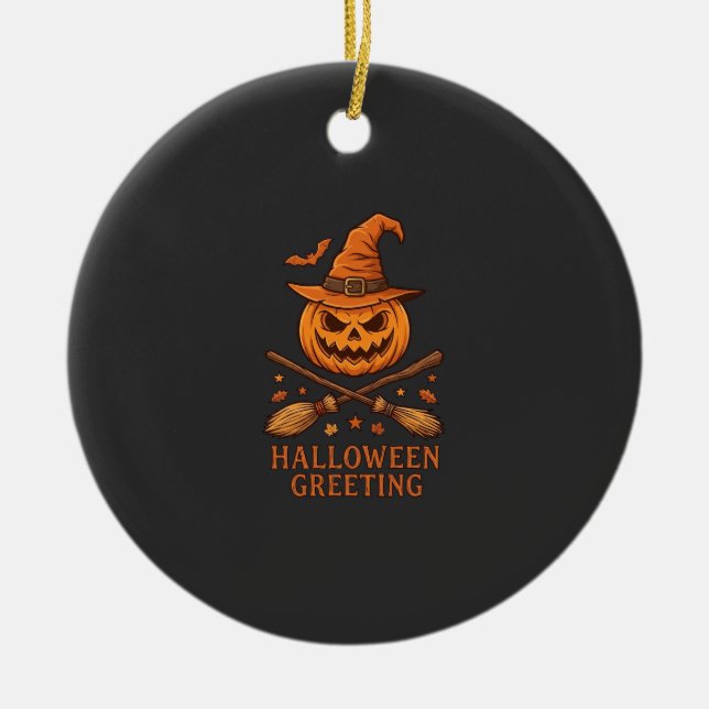 Halloween Greeting Pumpkin Witch Hat Crossed Broom Ceramic Tree Decoration (Front)
