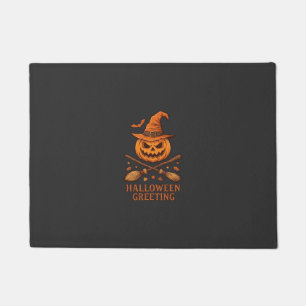 Halloween Greeting Pumpkin Witch Hat Crossed Broom Doormat