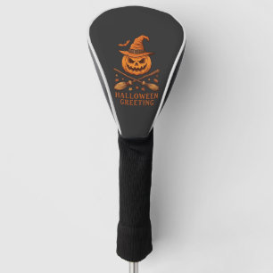 Halloween Greeting Pumpkin Witch Hat Crossed Broom Golf Head Cover